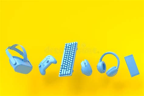 Flying Gamer Gears Like Mouse, Keyboard, Joystick, Headset, VR on Yellow Stock Illustration ...