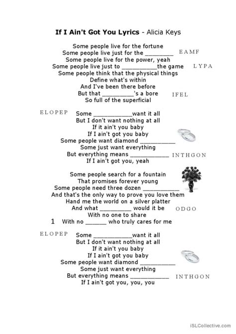 If I ain't got you - by Alicia Keys…: English ESL worksheets pdf & doc