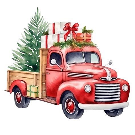 Watercolor Red Christmas Truck With Pine Tree And Gift Boxes, Christmas ...