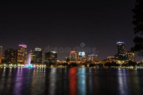 Night Skyline of Downtown Orlando with a Lake in Foreground Stock Image ...