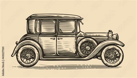 Retro car vector illustration. Vintage vehicle in sketch style Stock Vector | Adobe Stock