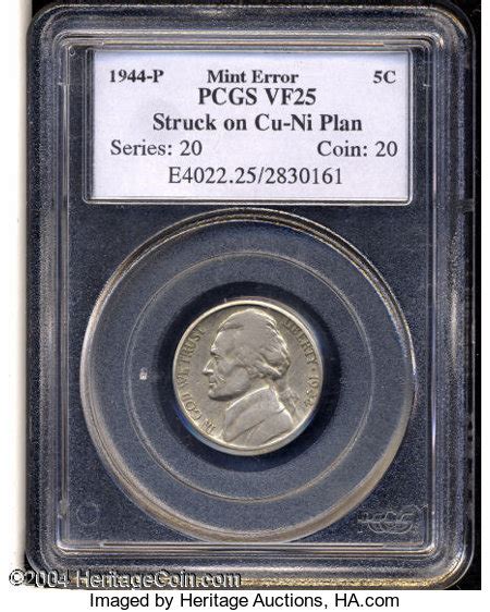 1944-P 5C Jefferson Nickel--Struck on a Copper-Nickel ... Errors | Lot ...