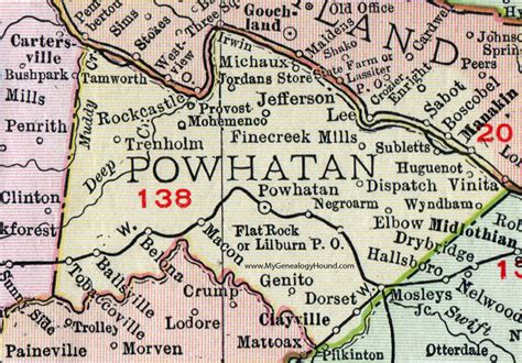 Powhatan County, Virginia, Map, 1911, Rand McNally, Michaux, Huguenot, Fine Creek Mills