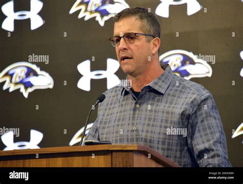 Baltimore Ravens head coach John Harbaugh answers questions at the year ...