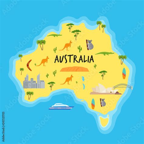 Australia cartoon map. Vector. Australian state with travel icons and ...