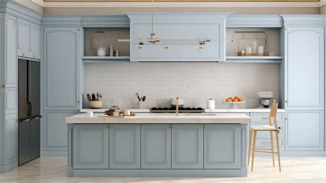 Modern Kitchen Interior Design in Pastel Blue Stock Illustration ...