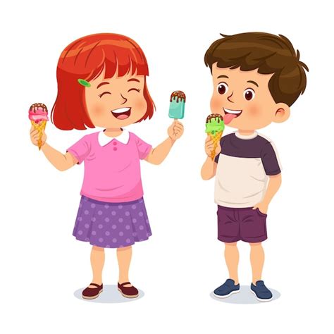 Premium Vector | Cute little boy and girl enjoy delicious ice cream ...