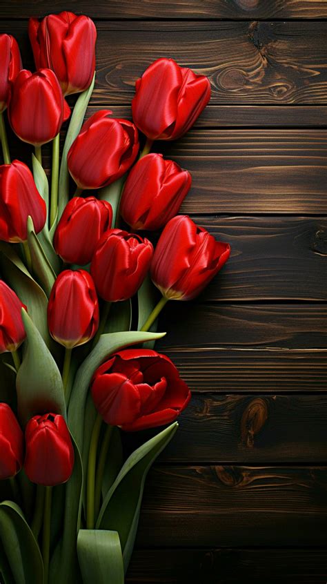 Vibrant red tulips grace a rustic wooden backdrop Vertical Mobile Wallpaper AI Generated ...