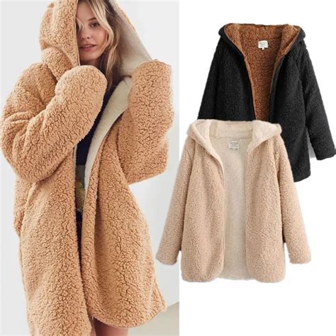 Warm Bomber Reversible Soft Fleece Hooded Lamb Fur Jacket Double Sides ...