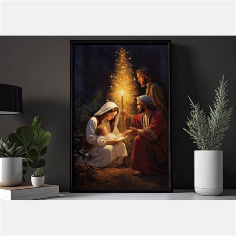 Baby Jesus Around Christmas Tree Painting Canvas Art Print – Vintage Yuletide Baby Jesus Under ...