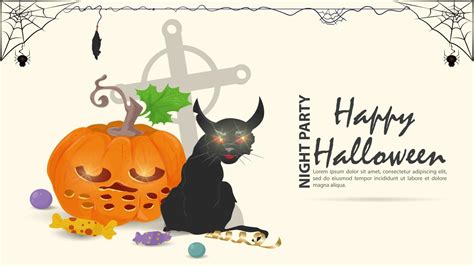 Angry black cat with a pumpkin on the background of the Halloween ...