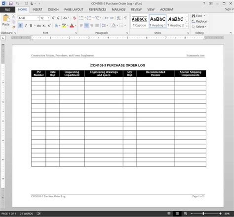 Purchase Order Log Excel Template