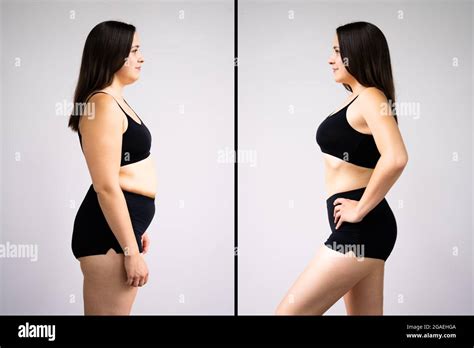 Woman Before And After Weight Loss On Gray Background. Body Shape Was Altered During Retouching ...