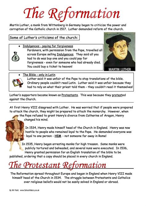 The Protestant Reformation Worksheet | Year 8 Study Guide