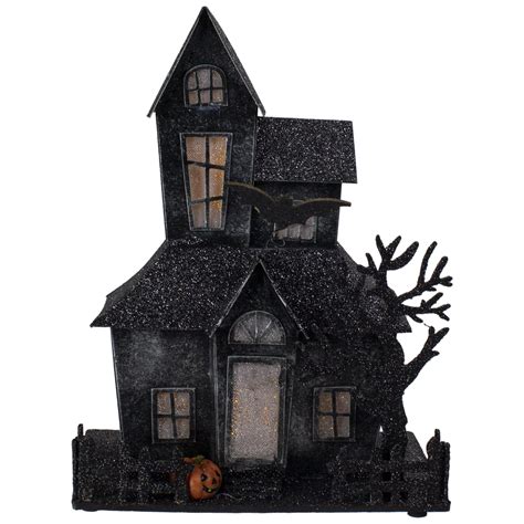 10.25" Glittered Black LED Lighted Halloween Haunted House Tabletop ...