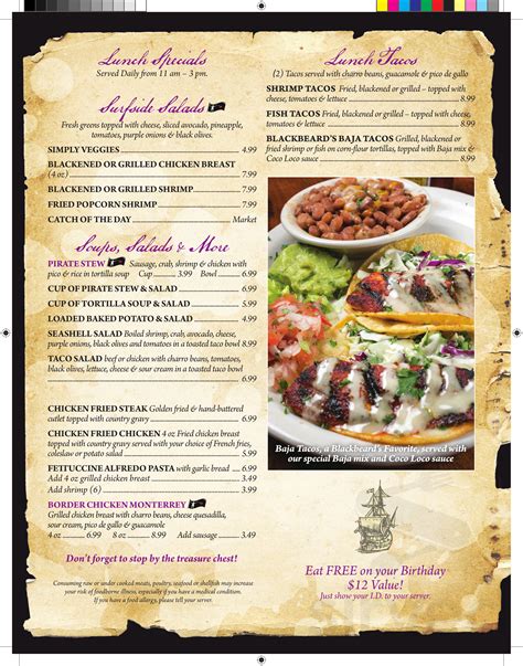 Blackbeard's Too menu in Ingleside, Texas, USA