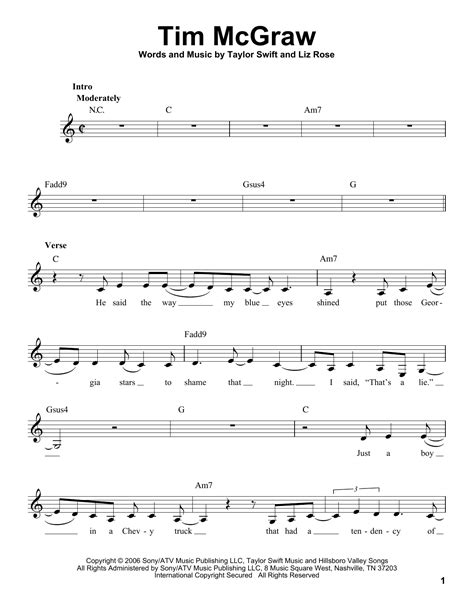 Tim McGraw Sheet Music | Taylor Swift | Pro Vocal