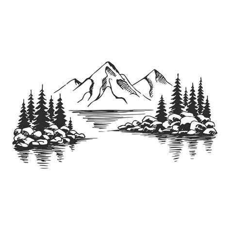 Mountain with pine trees and lake landscape black on white background. Hand drawn rocky peaks in ...