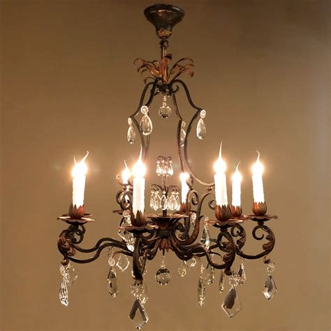 Antique Country French Wrought Iron & Crystal Chandelier