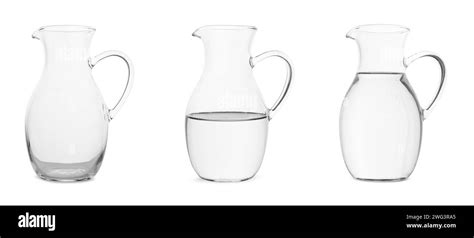 Glass jug isolated on white, collage with empty, semi filled and full Stock Photo - Alamy