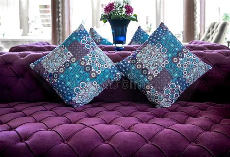 Purple Velvet Fabric Modern Sofa with Sunken Buttons and Colorful ...