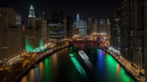 Premium AI Image | A boat sails through the chicago river at night.