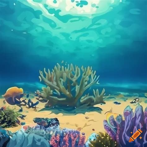 Underwater ocean view with coral along sandbar in anime art style on Craiyon