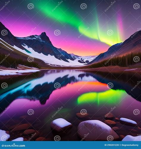 Snowy Mountain with Lake and Aurora in the Night Sky. Generative Ai. Ai Stock Photo - Image of ...