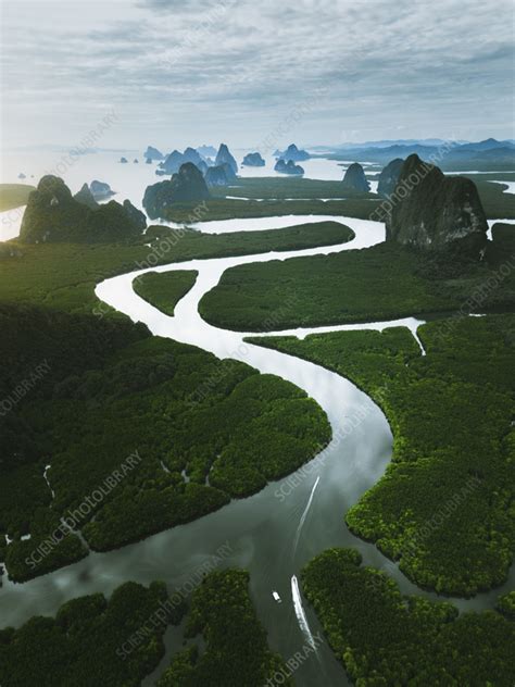 Aerial view of Phang-Nga bay at sunrise, Thailand - Stock Image - F040/4805 - Science Photo Library