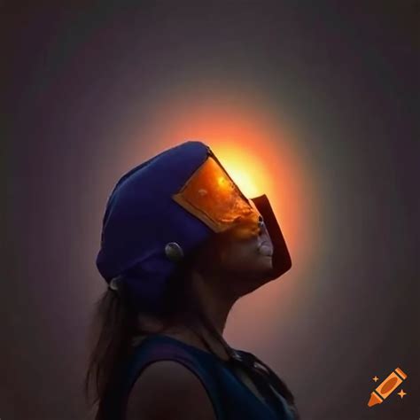 Woman observing eclipse with a welding helmet in mexico