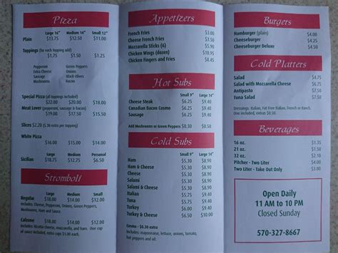 Menu at Venice Pizza pizzeria, Williamsport