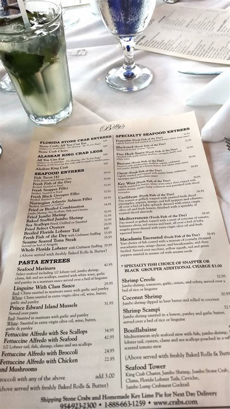 Menu at Billy's Stone Crab Restaurant, Hollywood