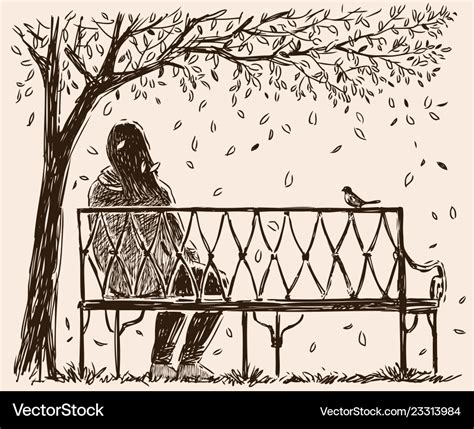 A lonely girl sits o bench in an autumn park Vector Image