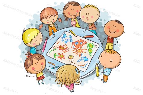 Doodle kids drawing together (268256) | Illustrations | Design Bundles