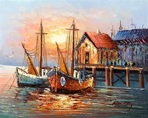 Paintings of Boats in Harbor | Old Spanish Harbor - Boats, oil ...