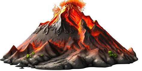 A lifelike volcano floats on a clear background, with lava flowing down ...