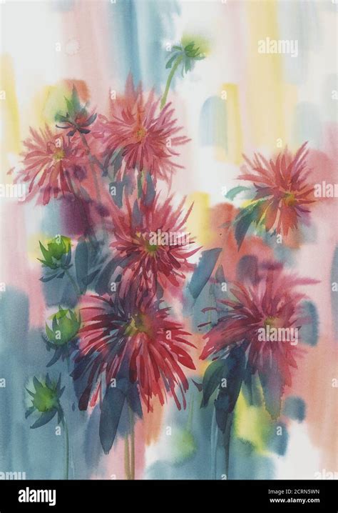 Red dahlias painted in watercolor light background Stock Photo - Alamy