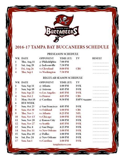 Printable 2016-2017 Tampa Bay Buccaneers Schedule