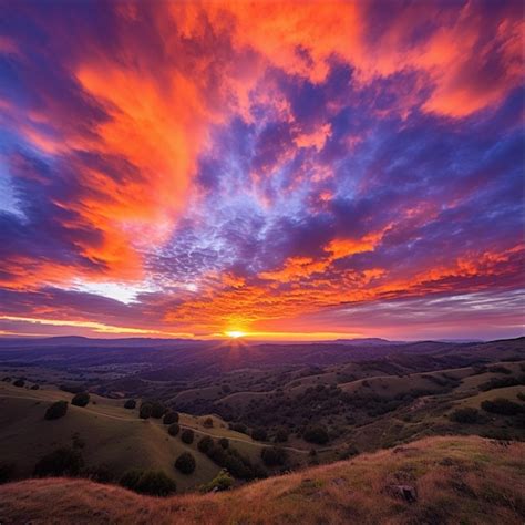 Premium AI Image | Sunset over a grassy hill with a horse grazing in ...