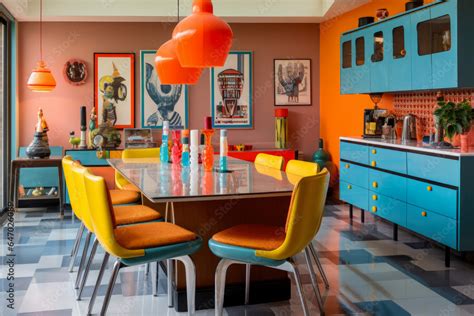 Step into the Groovy Past: A Vibrant Dining Room Interior in Retro ...