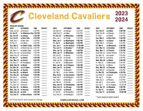 Printable 2023-2024 Cleveland Cavaliers Schedule