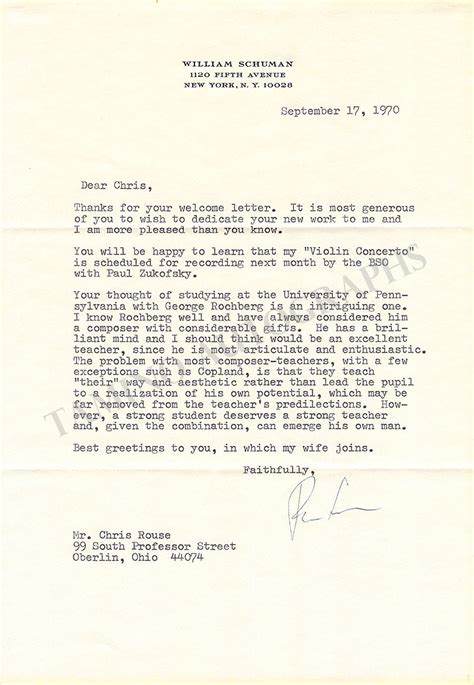 William Schuman Autograph Typed Letter Signed 1970 – Tamino