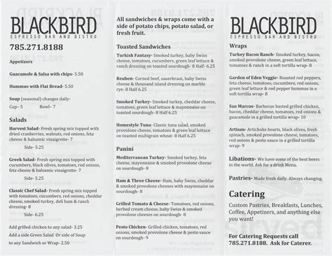 Blackbird menu in Topeka, Kansas, USA