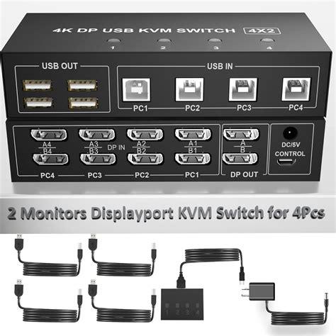 Displayport KVM Switch 4 Computer 2 Monitors, 4K @ 60Hz 4 Port KVM ...