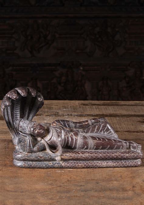 Black Marble Vishnu Sleeping Ananta Shesha 16" (#93bm26): Lotus Sculpture