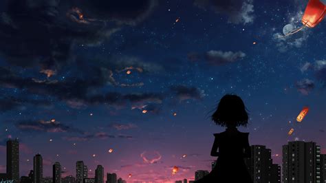 sky, anime, dark, city, clouds, anime girls HD Wallpaper