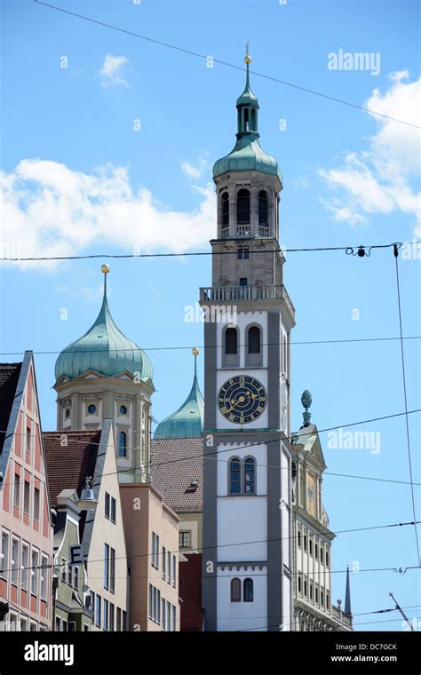 Historic renaissance town hall of Augsburg and the Perlach tower Stock ...