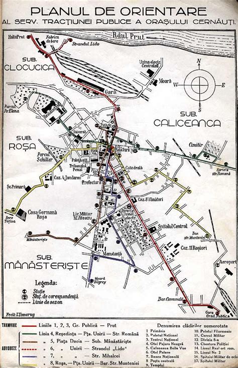 1935 Cernauti city map showing bus and trolly lines withmajor places of interest clearly ...