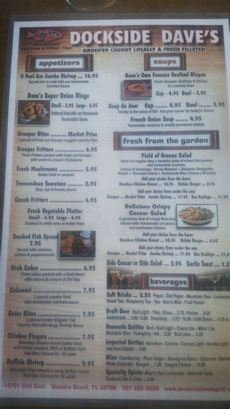 Menu at Dockside Dave's restaurant, Madeira Beach, 14701 Gulf Blvd