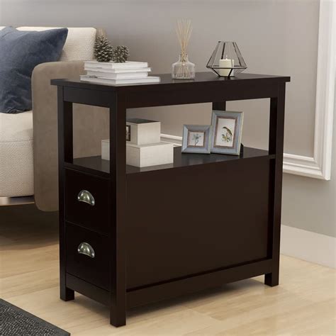 Brown End Table Narrow Nightstand With Two Drawers and Open Shelf - Bed ...